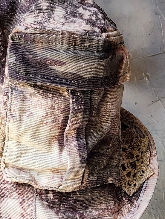 Avant-Garde Top Hat Designer Turtle Patched Raw Upcycled Denim Gold Lace Shell main image 7